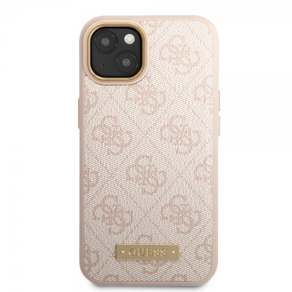 Guess iPhone 14 -suojakuori, metallilevy, logo, MagSafe, pinkki