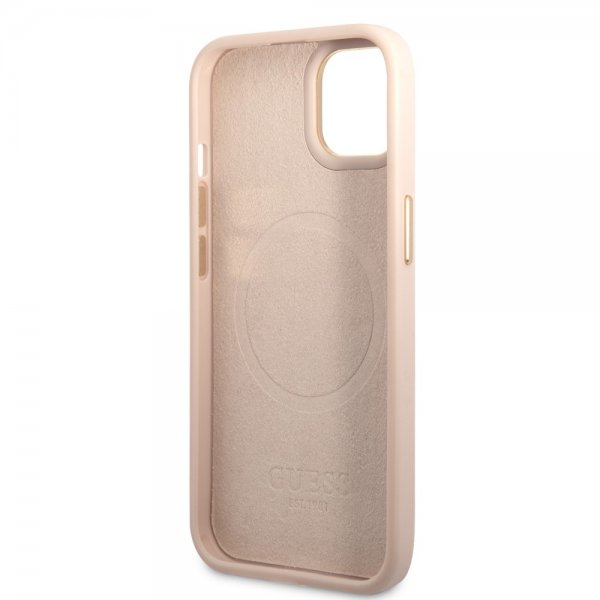 Guess iPhone 14 -suojakuori, metallilevy, logo, MagSafe, pinkki