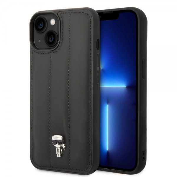 Karl Lagerfeld iPhone 14 Suojakuori Tikattu Nylon Puffy Case Ikonik Pin Musta