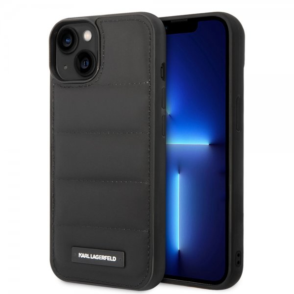 Karl Lagerfeld iPhone 14 -kuori Quilted Nylon Puffy Case Logo Plate Musta