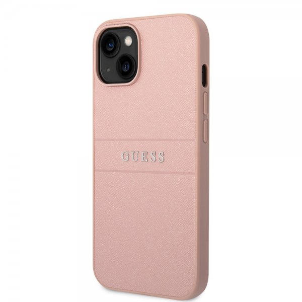 Guess iPhone 14 -suojakuori Saffiano Metal Logo Stripes, pinkki