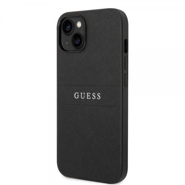 Guess iPhone 14 -suojakuori Saffiano Metal Logo Stripes, musta