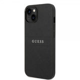 Guess iPhone 14 -suojakuori Saffiano Metal Logo Stripes, musta