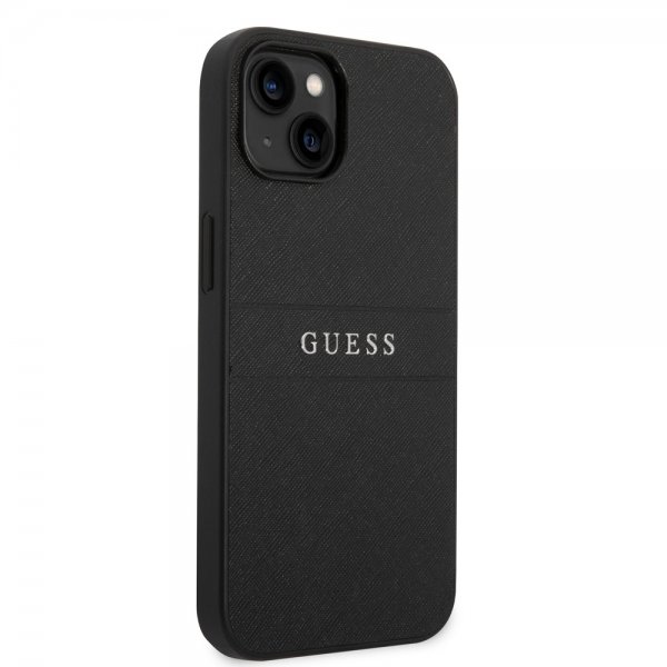 Guess iPhone 14 -suojakuori Saffiano Metal Logo Stripes, musta