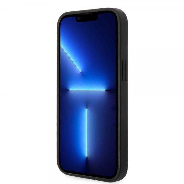Guess iPhone 14 -suojakuori Saffiano Metal Logo Stripes, musta