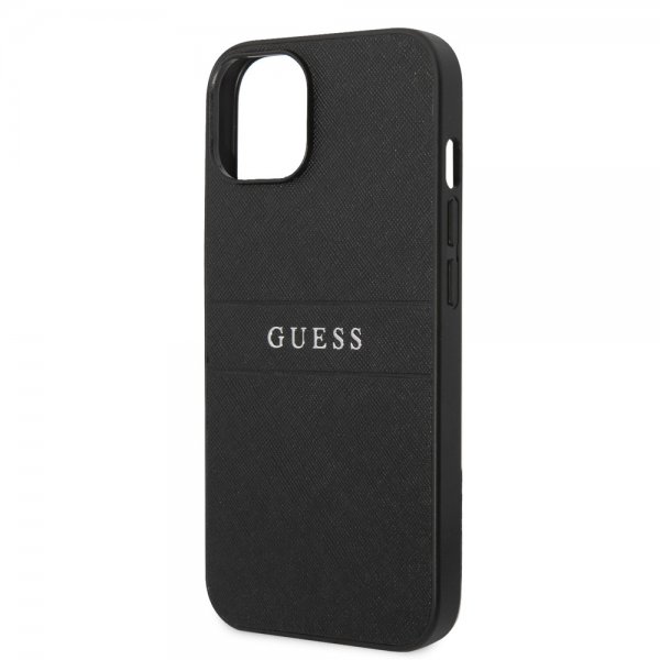 Guess iPhone 14 -suojakuori Saffiano Metal Logo Stripes, musta