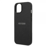 Guess iPhone 14 -suojakuori Saffiano Metal Logo Stripes, musta