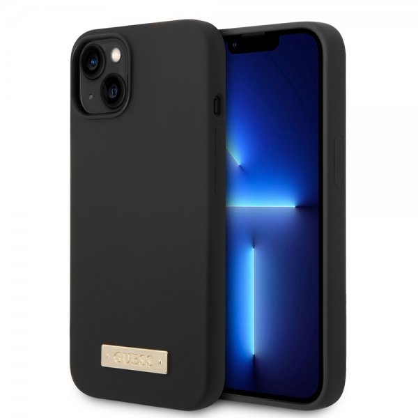 Guess iPhone 14 -suojakuori, silikonia, metallilevy, MagSafe, musta