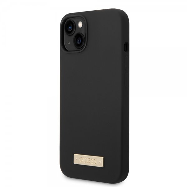 Guess iPhone 13 -kuori, silikoni, metallilevy, MagSafe, musta