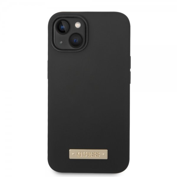 Guess iPhone 13 -kuori, silikoni, metallilevy, MagSafe, musta
