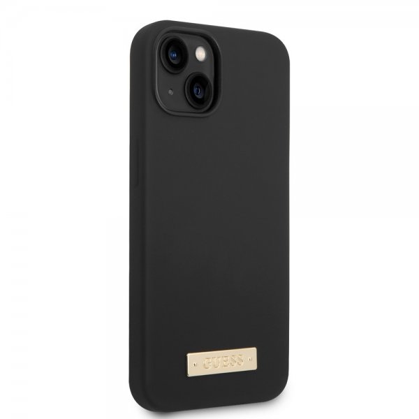 Guess iPhone 13 -kuori, silikoni, metallilevy, MagSafe, musta