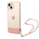 Guess iPhone 14 -läpinäkyvä kuori hihnalla, pinkki