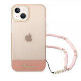 Guess iPhone 14 -läpinäkyvä kuori hihnalla, pinkki