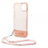Guess iPhone 14 -läpinäkyvä kuori hihnalla, pinkki