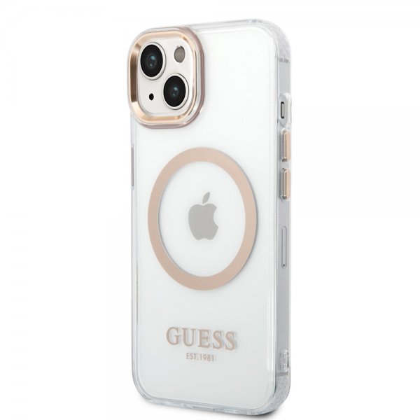 Guess iPhone 14 -läpinäkyvä MagSafe-kuori, kultainen, läpinäkyvä