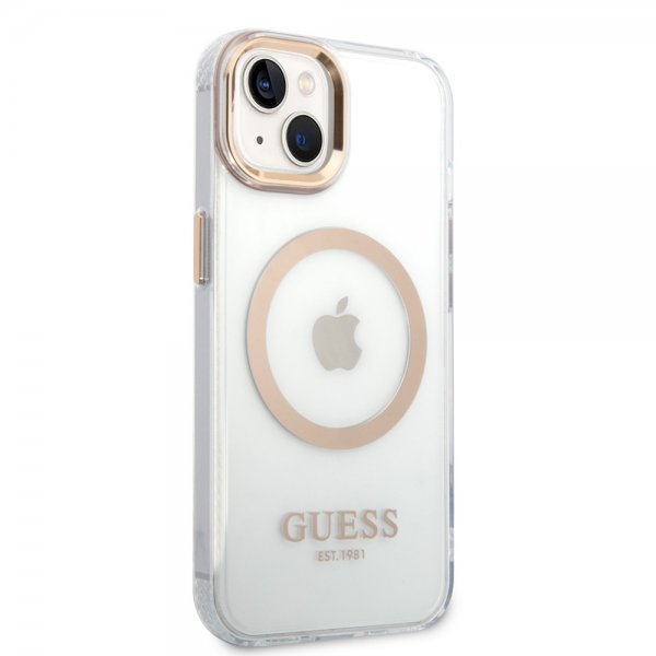 Guess iPhone 14 -läpinäkyvä MagSafe-kuori, kultainen, läpinäkyvä