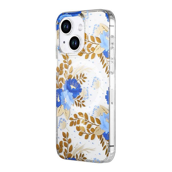 iPhone 14 Plus/iPhone 15 Plus Kuori Kukkakuvio MagSafe Sininen Kulta