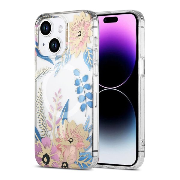 iPhone 14 Plus/iPhone 15 Plus Kuori Kukkakuvio MagSafe Pinkki Sininen