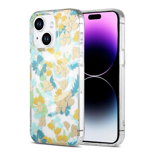 iPhone 14 Plus/iPhone 15 Plus Kuori Kukkakuvio MagSafe Turkoosi