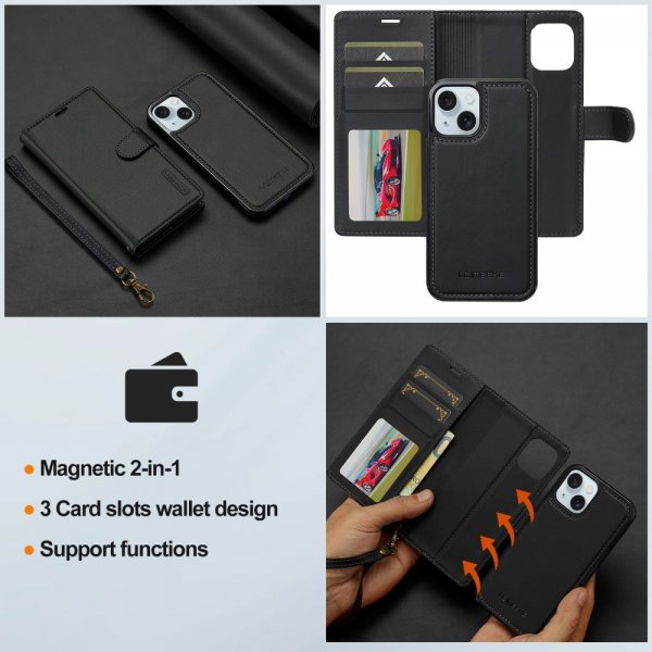 Lc.Imeeke iPhone 15 -kotelo irrotettavalla kuorella L2 Series MagSafe Musta