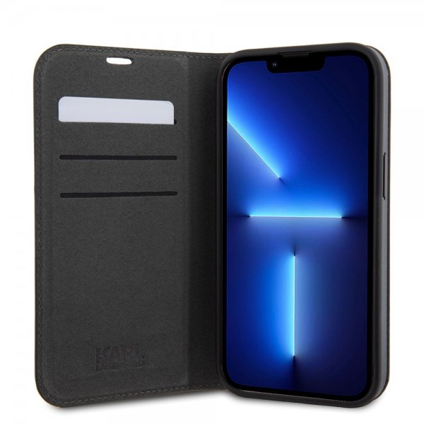 Karl Lagerfeld iPhone 15 -kotelo NFT Karl & Choupette Patch Saffiano Musta