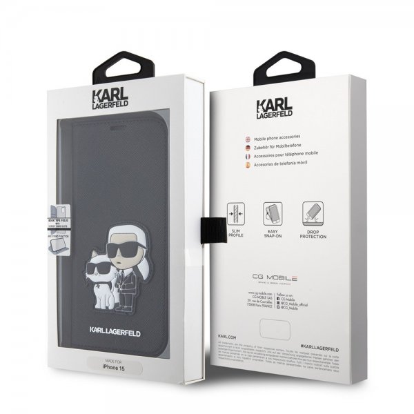 Karl Lagerfeld iPhone 15 -kotelo NFT Karl & Choupette Patch Saffiano Musta
