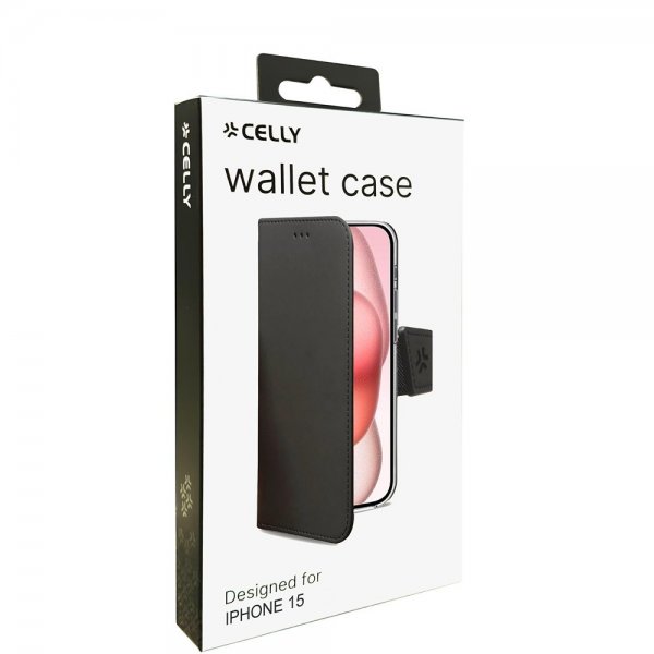 Celly iPhone 15 Suojakotelo Wally Wallet Case Musta