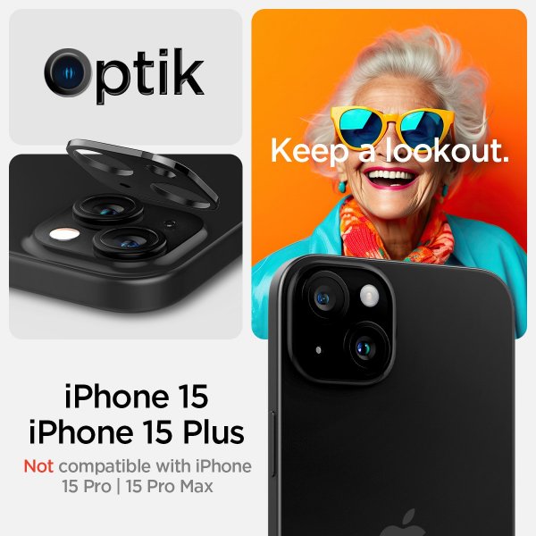Spigen iPhone 14/15/14 Plus/15 Plus Kameran suojalasi.tR Optik Musta 2 kpl
