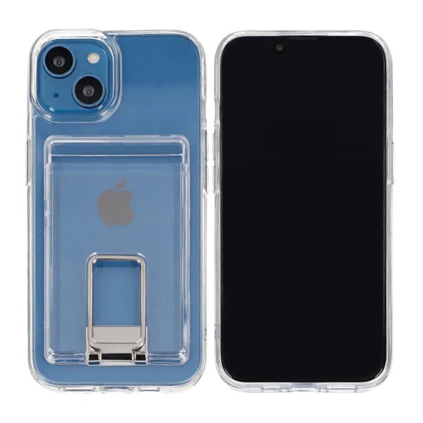 Rvelon iPhone 15 -kuori, jossa jalusta ja korttipidike, läpinäkyvä