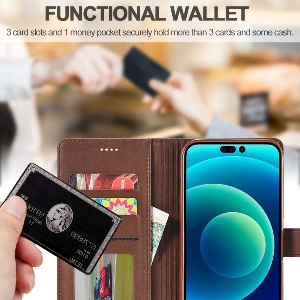 Lc.Imeeke iPhone 15 Plus -kotelo korttipaikalla ja jalustatoiminnolla, tummanruskea