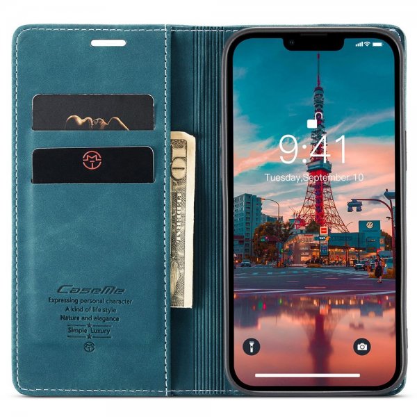 CaseMe iPhone 15 Plus Retro Flip Bensiininsininen Kotelo