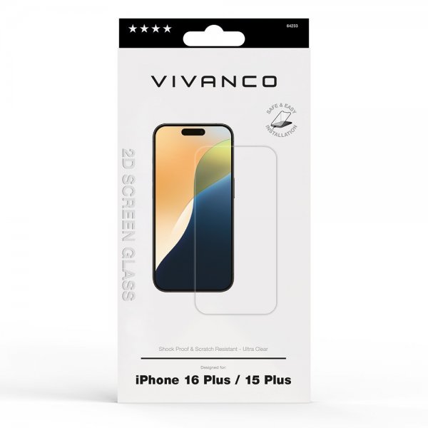 Vivanco iPhone 15 Plus/iPhone 16 Plus - näytönsuojalasi, karkaistu suojalasi 9H
