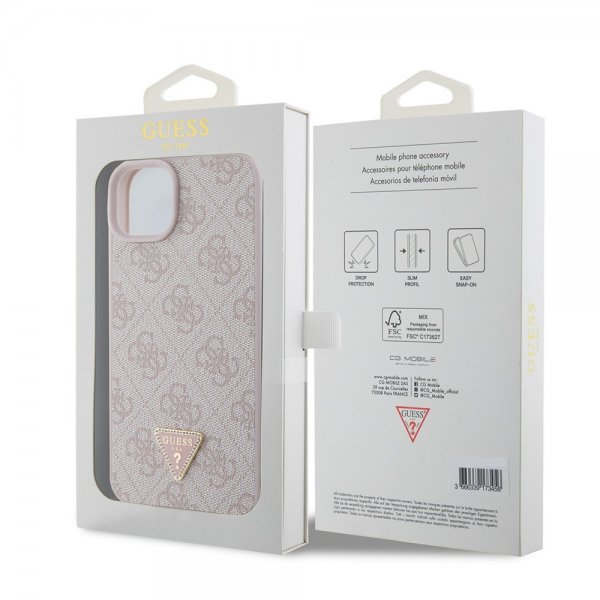 Guess iPhone 15 Plus Suojakuori 4G Metal Triangle Strass Vaaleanpunainen