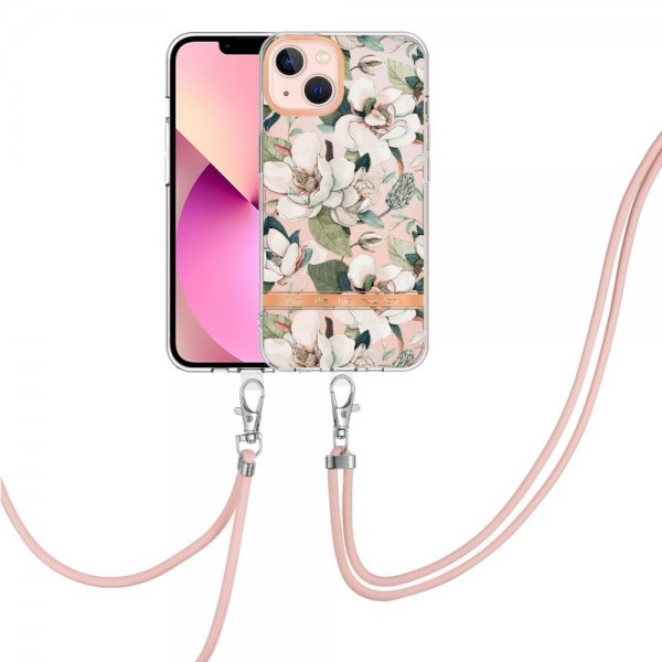 iPhone 15 Plus Suojakuori Kukkakuviolla ja Strapilla Vihreä Gardenia