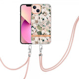iPhone 15 Plus Suojakuori Kukkakuviolla ja Strapilla Vihreä Gardenia