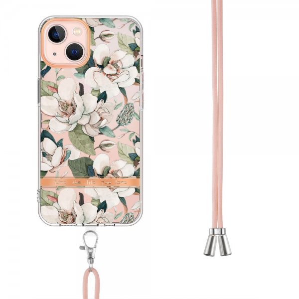 iPhone 15 Plus Suojakuori Kukkakuviolla ja Strapilla Vihreä Gardenia