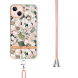 iPhone 15 Plus Suojakuori Kukkakuviolla ja Strapilla Vihreä Gardenia