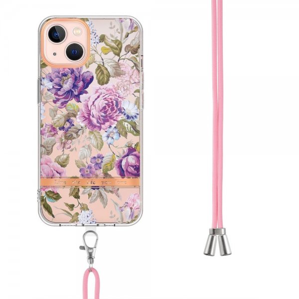 iPhone 15 Plus Suojakuori Kukkakuvio ja Hihna Liila Pioni