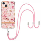 iPhone 15 Plus Suojakuori Kukkakuviolla ja Hihnalla Rosa Gardenia