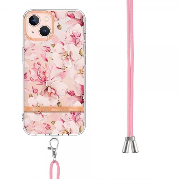 iPhone 15 Plus Suojakuori Kukkakuviolla ja Hihnalla Rosa Gardenia