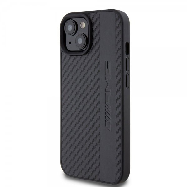 Mercedes Benz iPhone 15 Plus Suojakuori Carbon Effect Leather Stripe AMG Musta