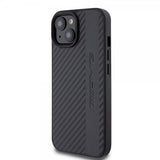 Mercedes Benz iPhone 15 Plus Suojakuori Carbon Effect Leather Stripe AMG Musta