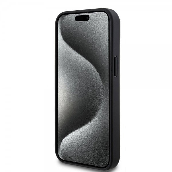 Mercedes Benz iPhone 15 Plus Suojakuori Carbon Effect Leather Stripe AMG Musta
