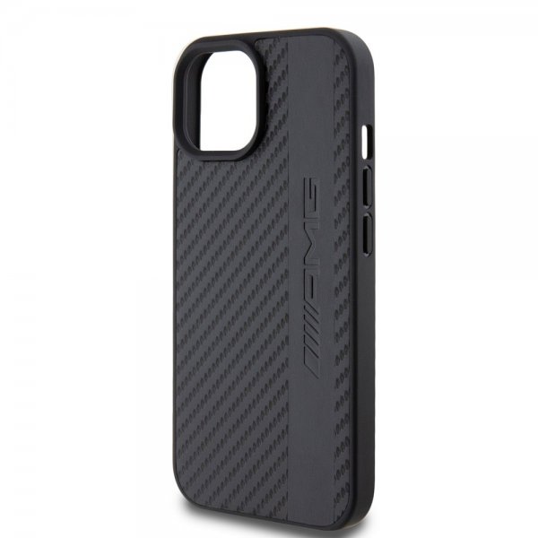 Mercedes Benz iPhone 15 Plus Suojakuori Carbon Effect Leather Stripe AMG Musta