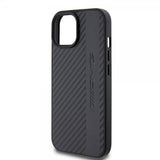 Mercedes Benz iPhone 15 Plus Suojakuori Carbon Effect Leather Stripe AMG Musta