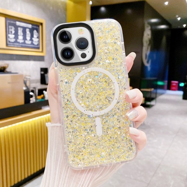 iPhone 15 Plus Suojakuori Glitter MagSafe Keltainen