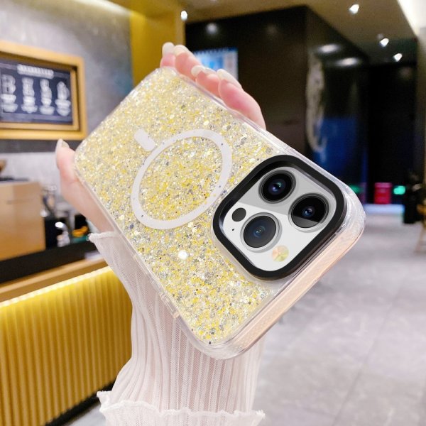 iPhone 15 Plus Suojakuori Glitter MagSafe Keltainen