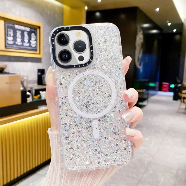iPhone 15 Plus Suojakuori Glitter MagSafe Valkoinen