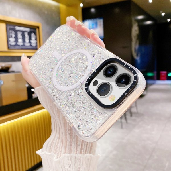 iPhone 15 Plus Suojakuori Glitter MagSafe Valkoinen
