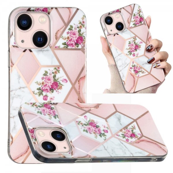 iPhone 15 Plus Suojakuori Marmorikuvio Kukkia Pinkki